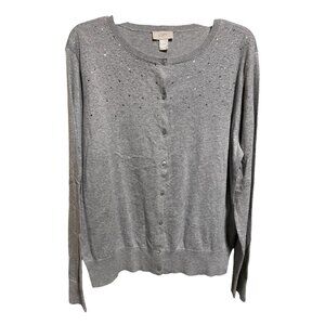 Loft heather Gray with‎ Rhinestones at Neckline long Sleeve button down Cardigan